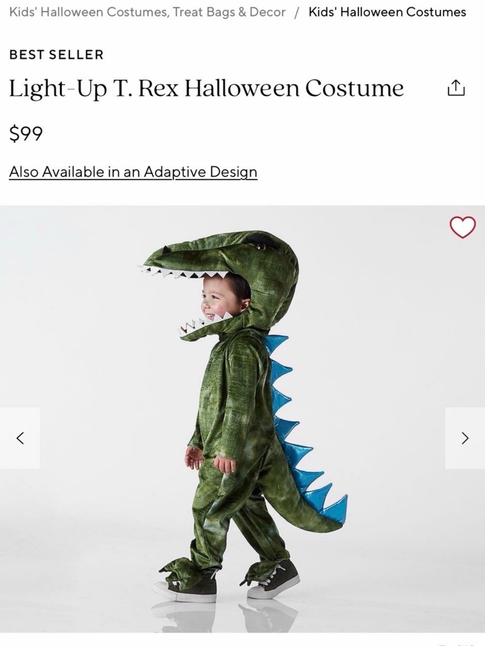 Pottery Barn Kids Green T-Rex Costume with Blue Spikes